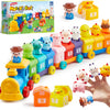 A colorful farm animal counting train set with numbered blocks and sorting features.