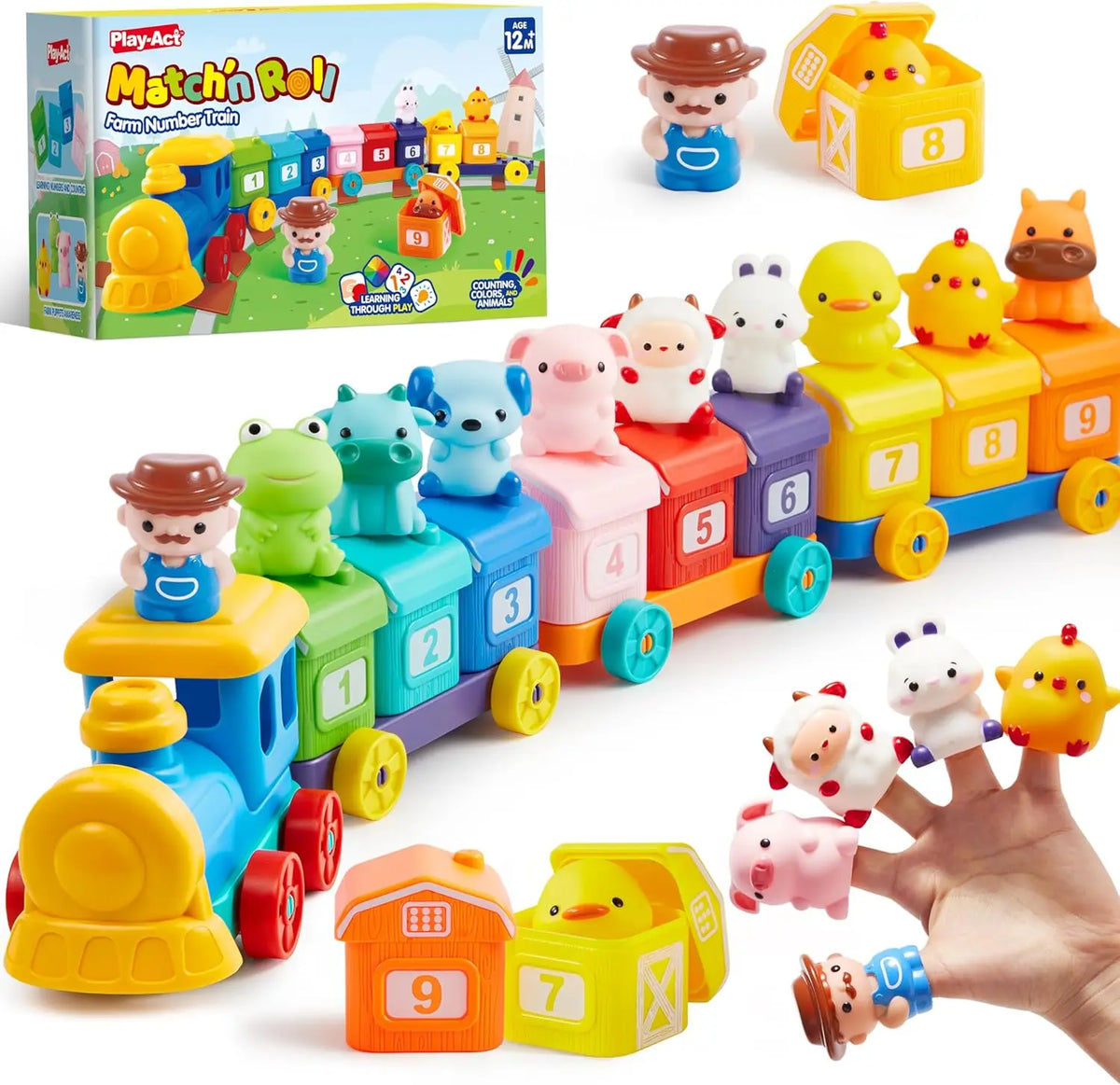 A colorful farm animal counting train set with numbered blocks and sorting features.