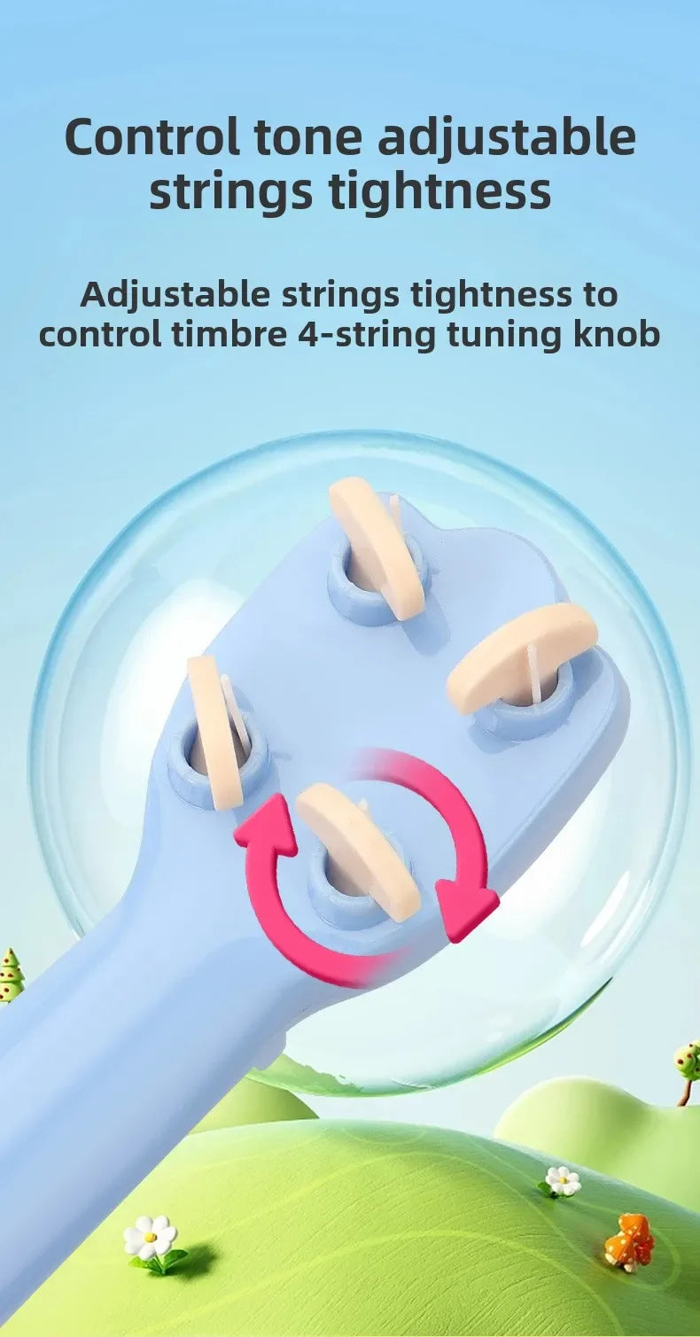 Close-up of a ukulele toy guitar showing adjustable strings tightness mechanism.