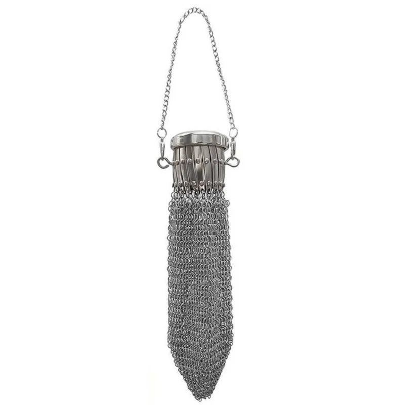 Handcrafted stainless steel vintage coin purse with a long chain and textured metal body