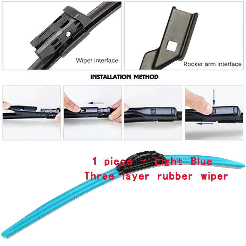 A single blue rubber wiper blade with a three-layer design shown for installation.