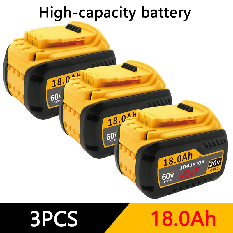 Three yellow and black high-capacity lithium ion batteries labeled 18.0Ah for power tools