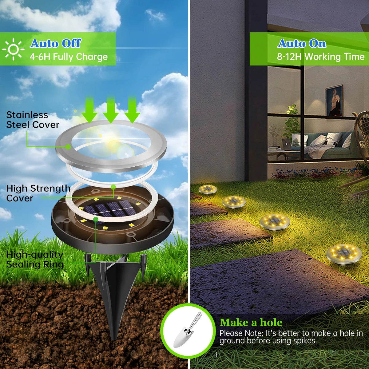 Ensemble de lumières de chemin d'accès enterrées à énergie solaire avec couvercles et anneaux de scellement en acier inoxydab