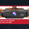 A black multi-lens dash camera is shown with lenses adjustable up, down, left, and right, demonstrating 360-degree rotation c
