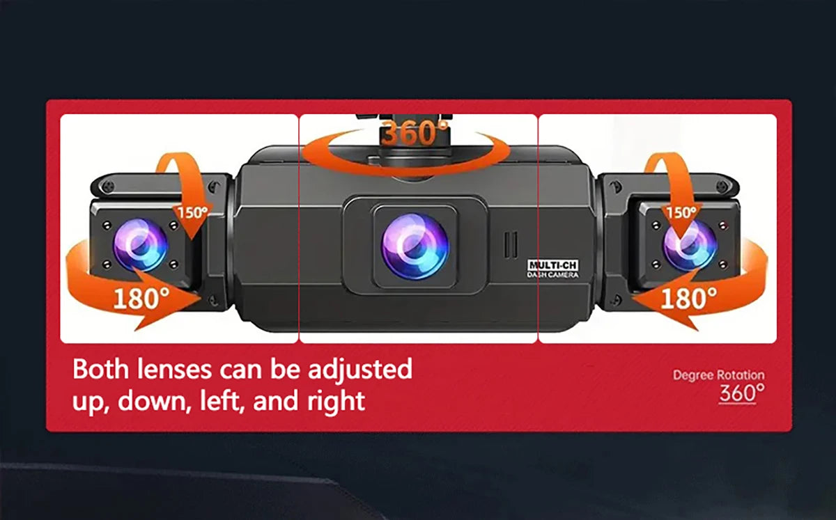 A black multi-lens dash camera is shown with lenses adjustable up, down, left, and right, demonstrating 360-degree rotation c