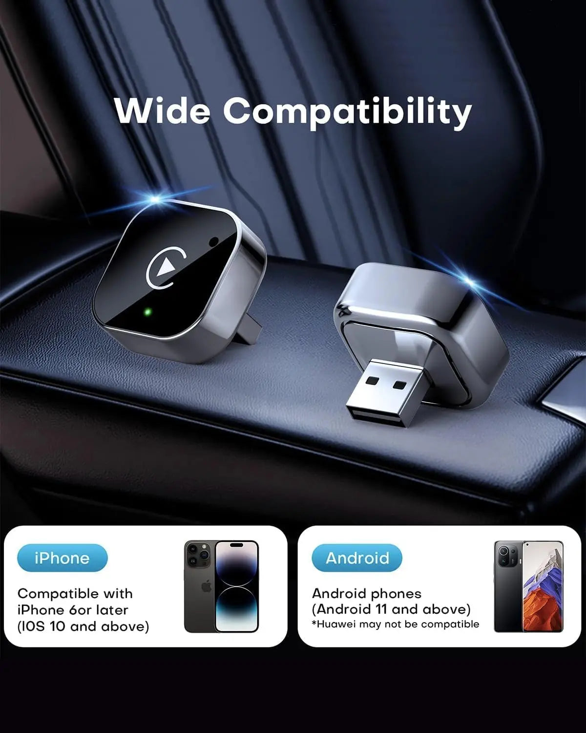 A wireless adapter device is shown next to an iPhone and Android phone, demonstrating wide compatibility.