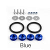 A set of blue quick release bumper fasteners for car body panels, including various sized pins and rings.