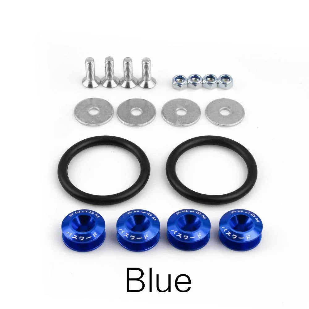 A set of blue quick release bumper fasteners for car body panels, including various sized pins and rings.