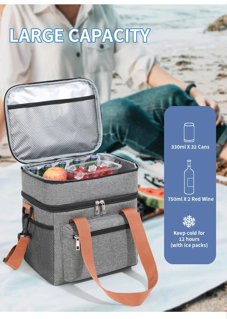 Insulated Double-Layer Lunch Tote with Shoulder Strap