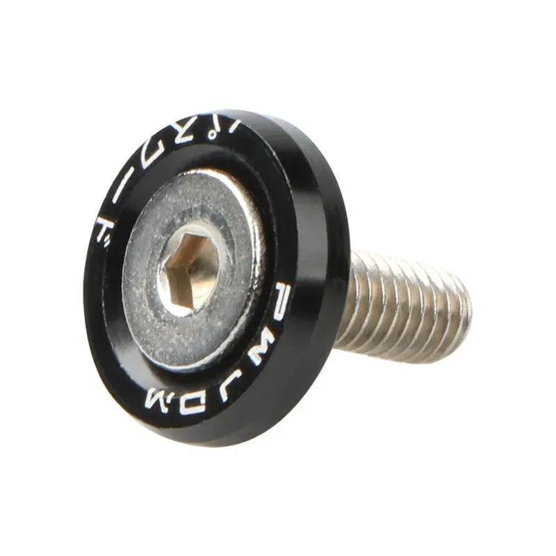A close-up view of a black M6 Fender washer bolt kit with an aluminum alloy threaded bolt.