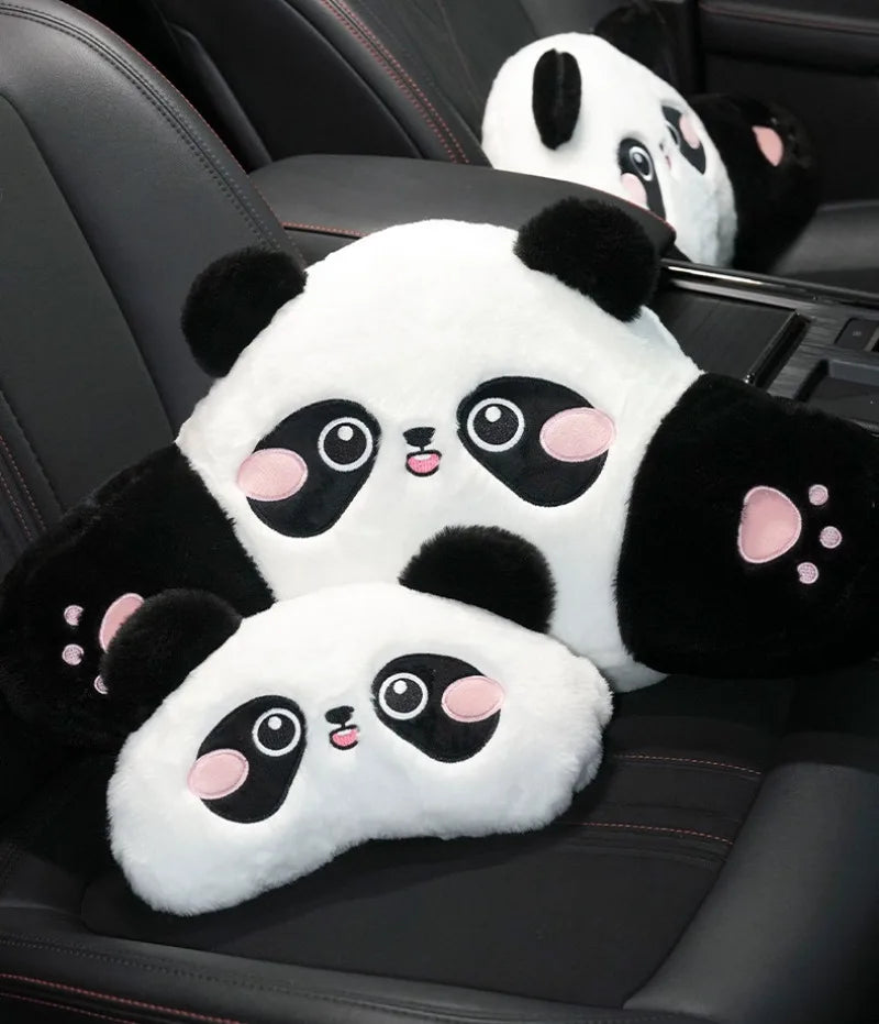 White and black panda plush toys used as car headrest and lumbar support cushions
