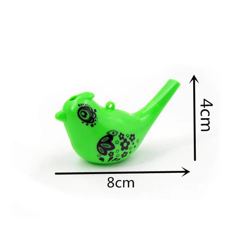 A bright green plastic novelty bird whistle toy with floral designs, shown with dimensions.