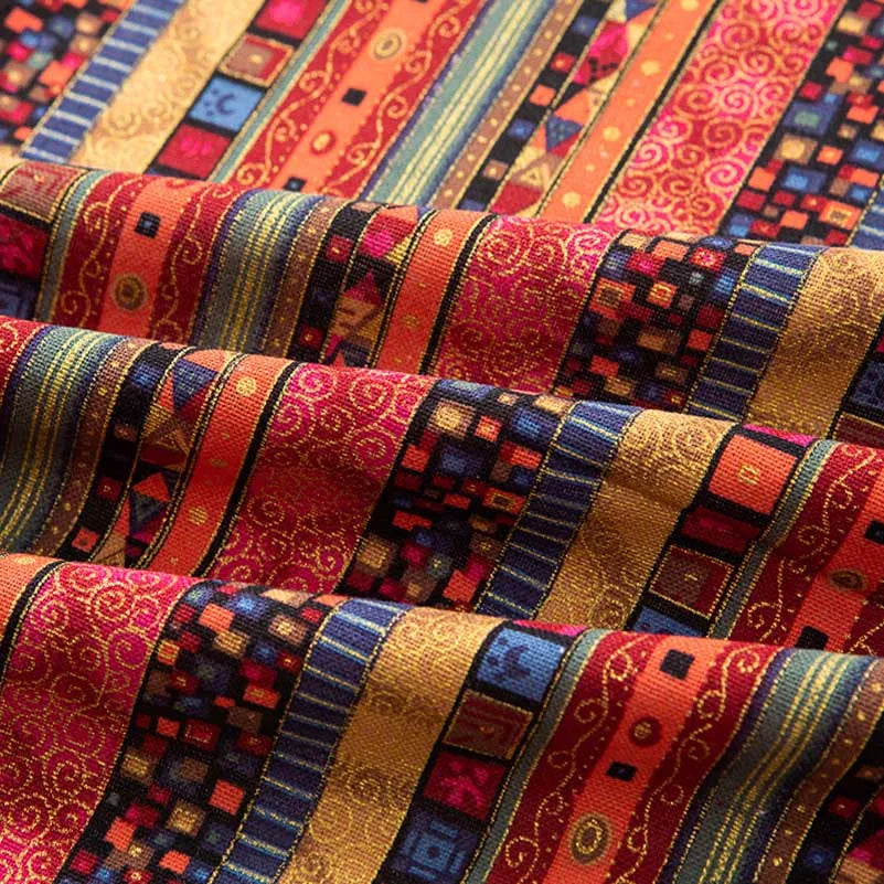 Bohemian Cotton Linen Fabric with Vintage Ethnic Print