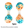 A pair of colorful baby rattle toys with soft teether beads, featuring orange and blue accents.