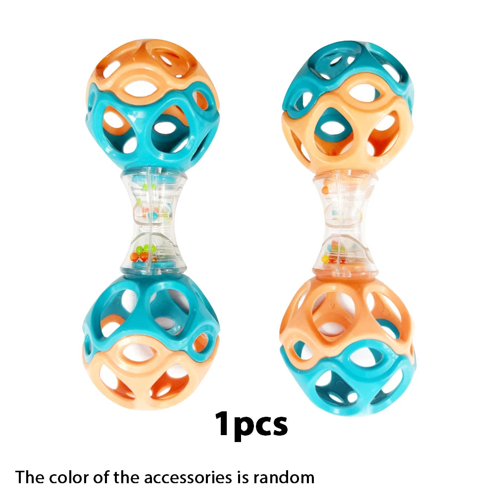 A pair of colorful baby rattle toys with soft teether beads, featuring orange and blue accents.