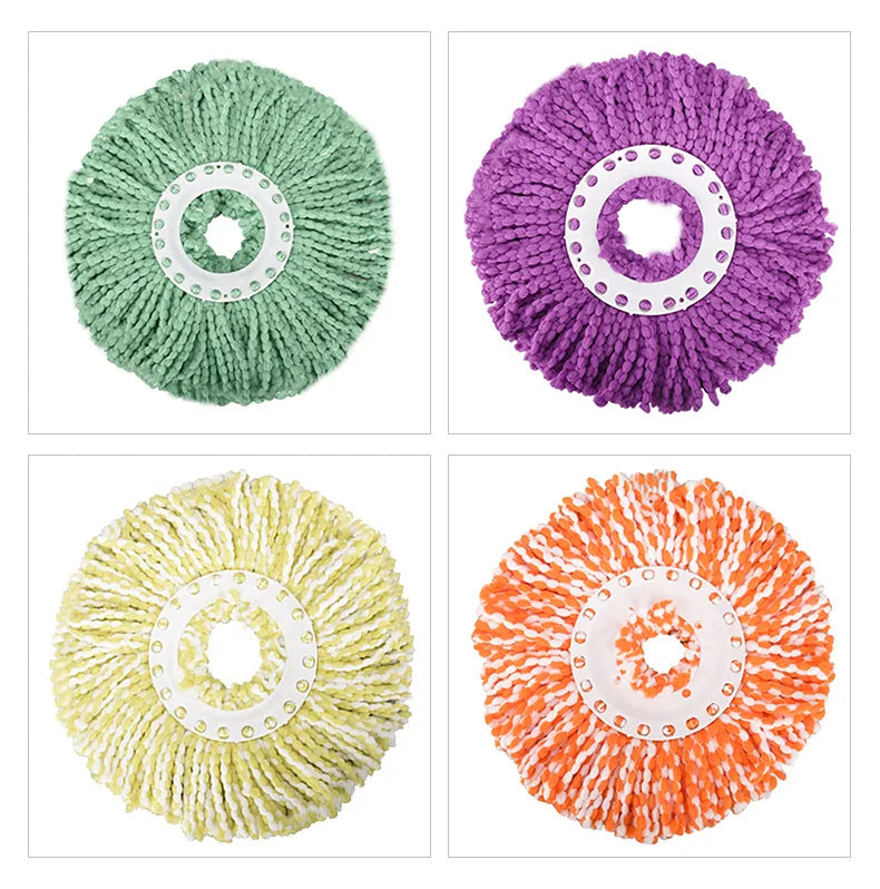 Two replacement microfiber spinning mop heads in green, purple, and orange colors.