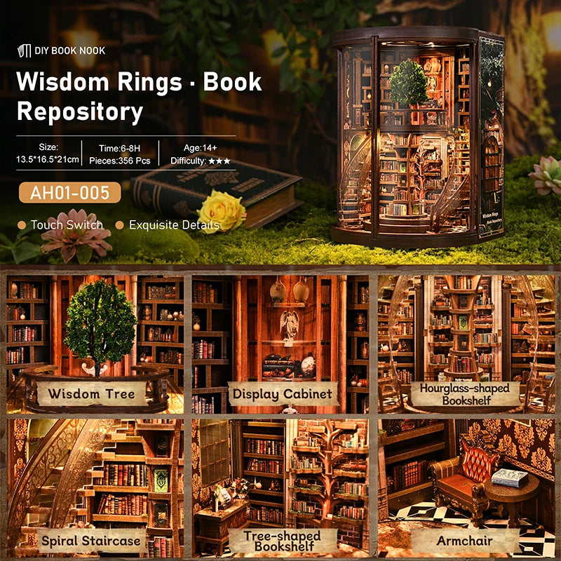A DIY wooden book nook miniature kit featuring detailed shelves, a wisdom tree, and an armchair for shelf décor.