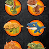 A collection of mini finger dinosaur toys featuring various prehistoric creatures like a green dinosaur, a brown dinosaur, an
