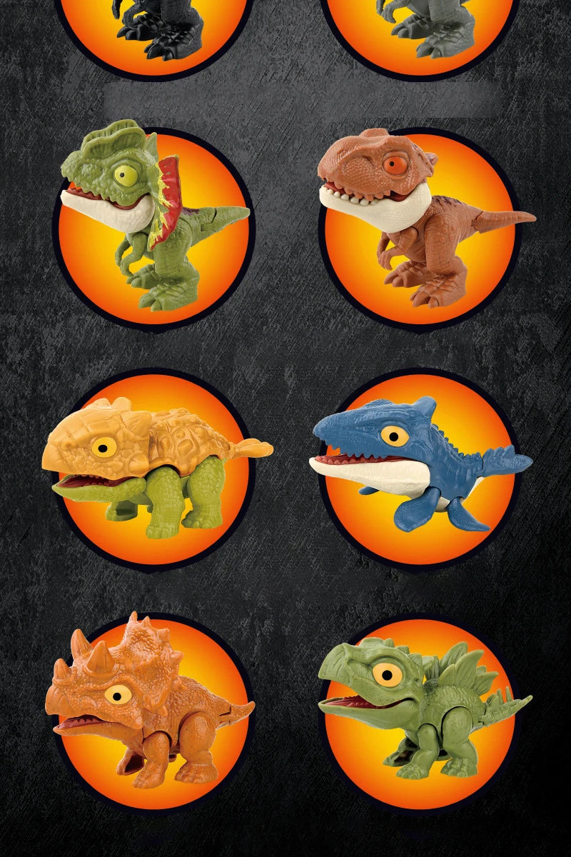 A collection of mini finger dinosaur toys featuring various prehistoric creatures like a green dinosaur, a brown dinosaur, an