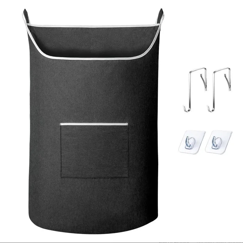 A black extra-large hanging laundry hamper with a door and wall mount brackets.