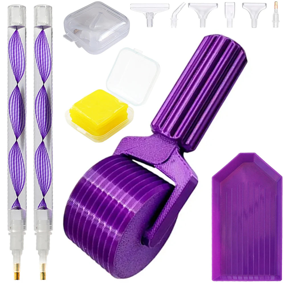 A set of purple detachable diamond painting roller tools and related accessories.