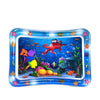 A blue inflatable water play mat with colorful sea creatures and plants for baby sensory development.
