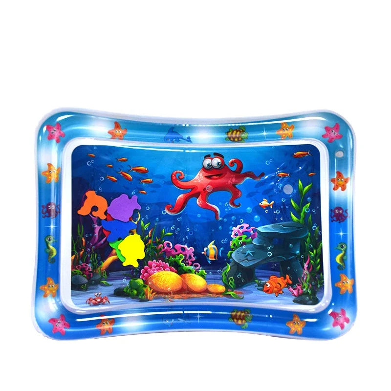 A blue inflatable water play mat with colorful sea creatures and plants for baby sensory development.