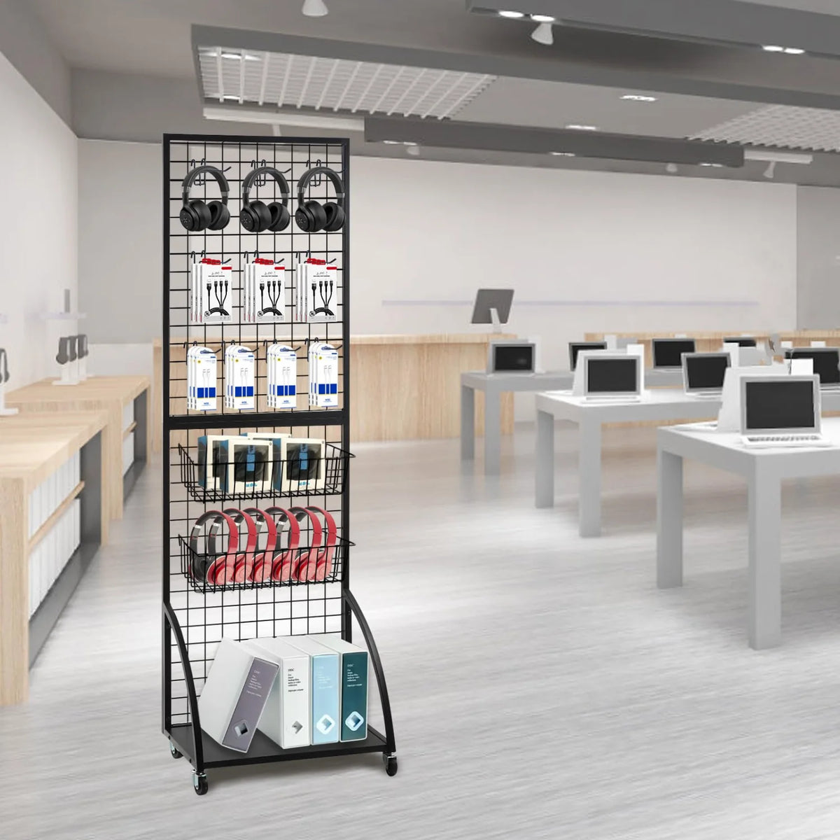 A black metal display rack holding five heavy duty grid hooks for organization and display.