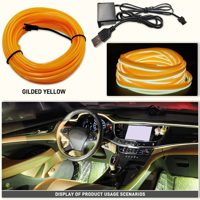 A coiled gilded yellow flexible USB LED neon strip and a display of its usage in a car interior.