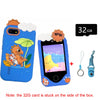 A blue kids smart phone toy with a camera, storage indicator (32GB), and a charging cable.