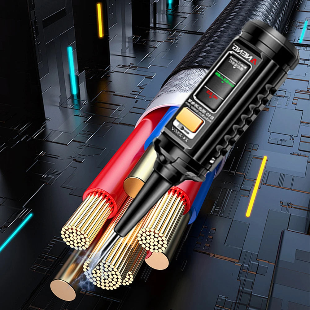 A close-up view of an induction test pen with an NCV voltage detector and breakpoint finder, showing the probe tip.