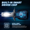 A close-up view of a built-in smart driver chip illuminating a bright LED headlight bulb.