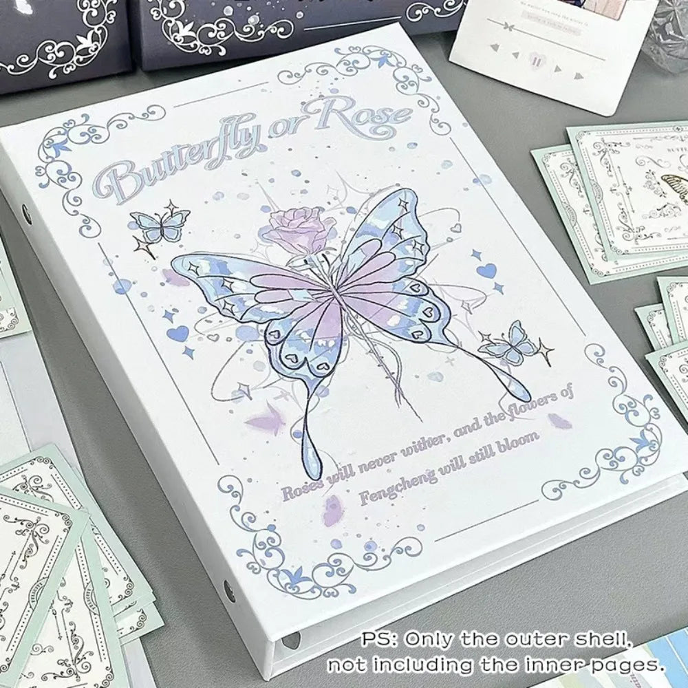 A white A5 loose-leaf photo album featuring a butterfly and rose design with floral borders.