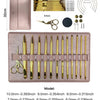 A set of interchangeable aluminum crochet hooks in various sizes and lengths displayed on a pink background.