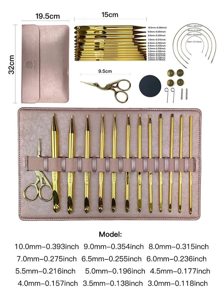 A set of interchangeable aluminum crochet hooks in various sizes and lengths displayed on a pink background.
