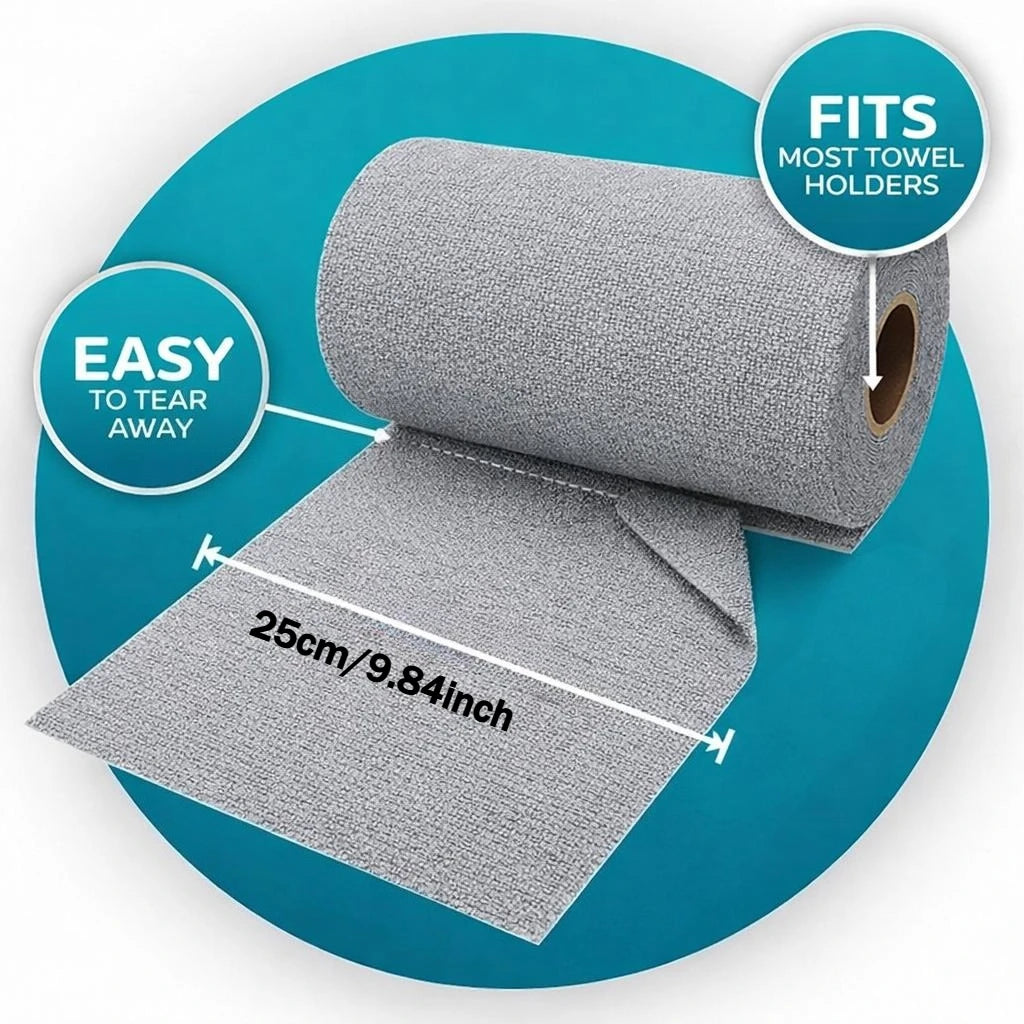 Roll of gray microfiber cleaning cloths fits most towel holders and is easy to tear away