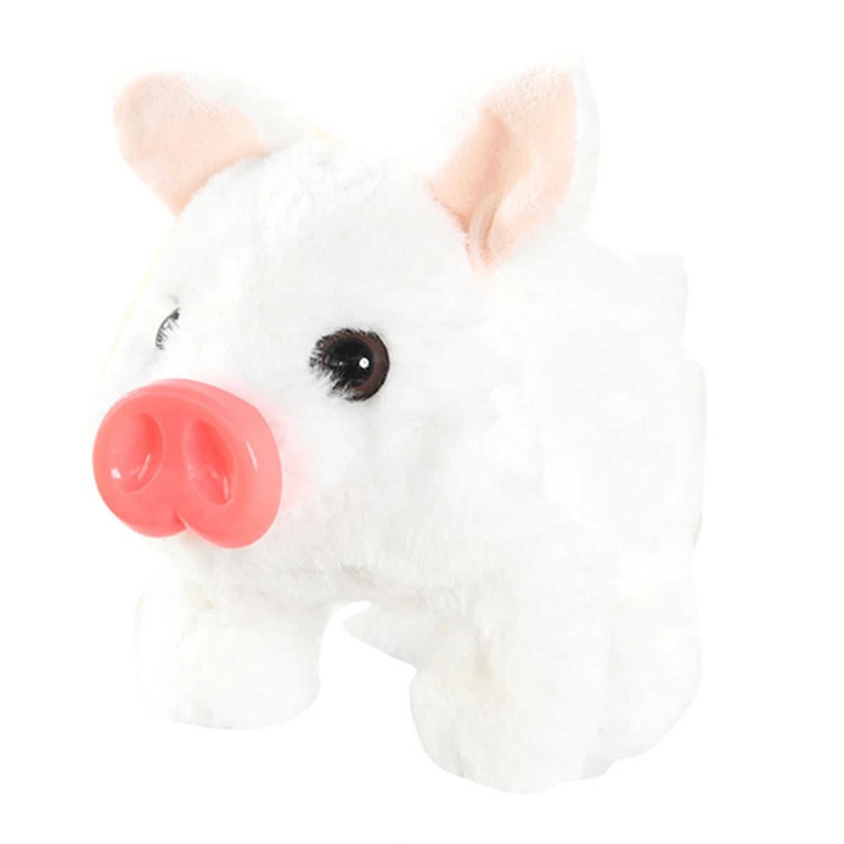 A white plush toy pig with pink features and black eyes.