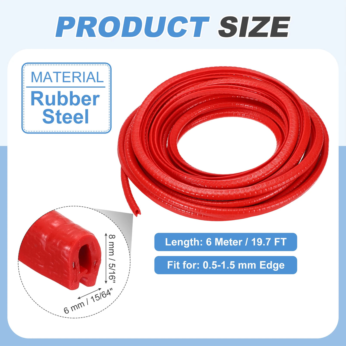 Red rubber steel flexible trim with a U-channel edge protector for various applications