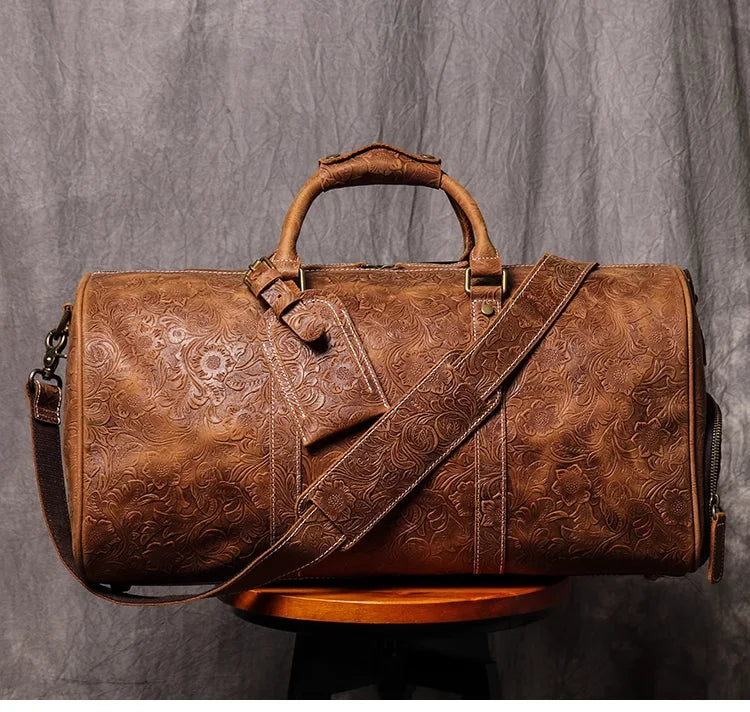Vintage Embossed Leather Travel Duffle Bag