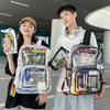 A young man and woman are holding a transparent waterproof shoulder bag with a zipper.