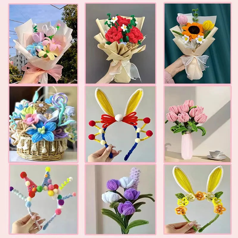 A collection of colorful chenille craft stems used for DIY projects, including floral and animal-shaped items.