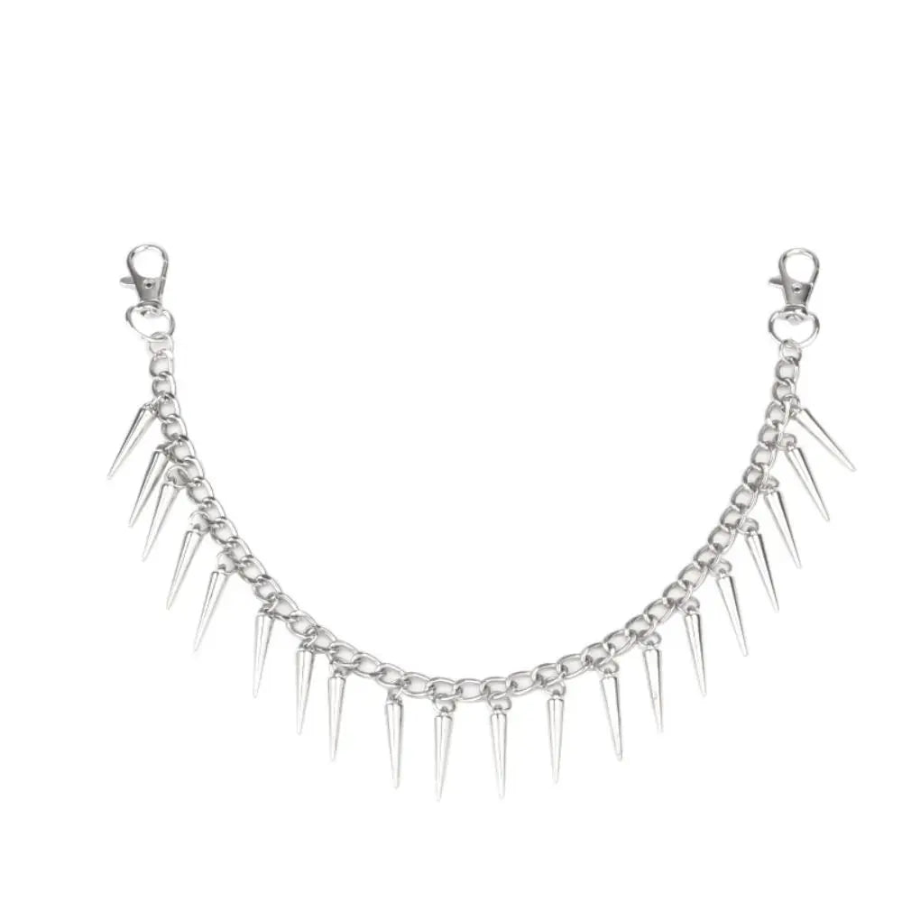Elegant metal bag chain strap with a decorative head and multiple pointed links.