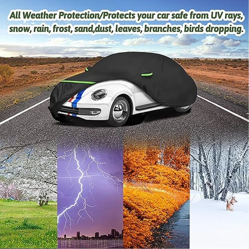 A black waterproof custom-fit car cover protects a white VW New Beetle from various weather elements.