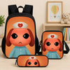 An Animal Hospital backpack set featuring a large orange backpack, a crossbody bag, and a pencil case with a cartoon elephant