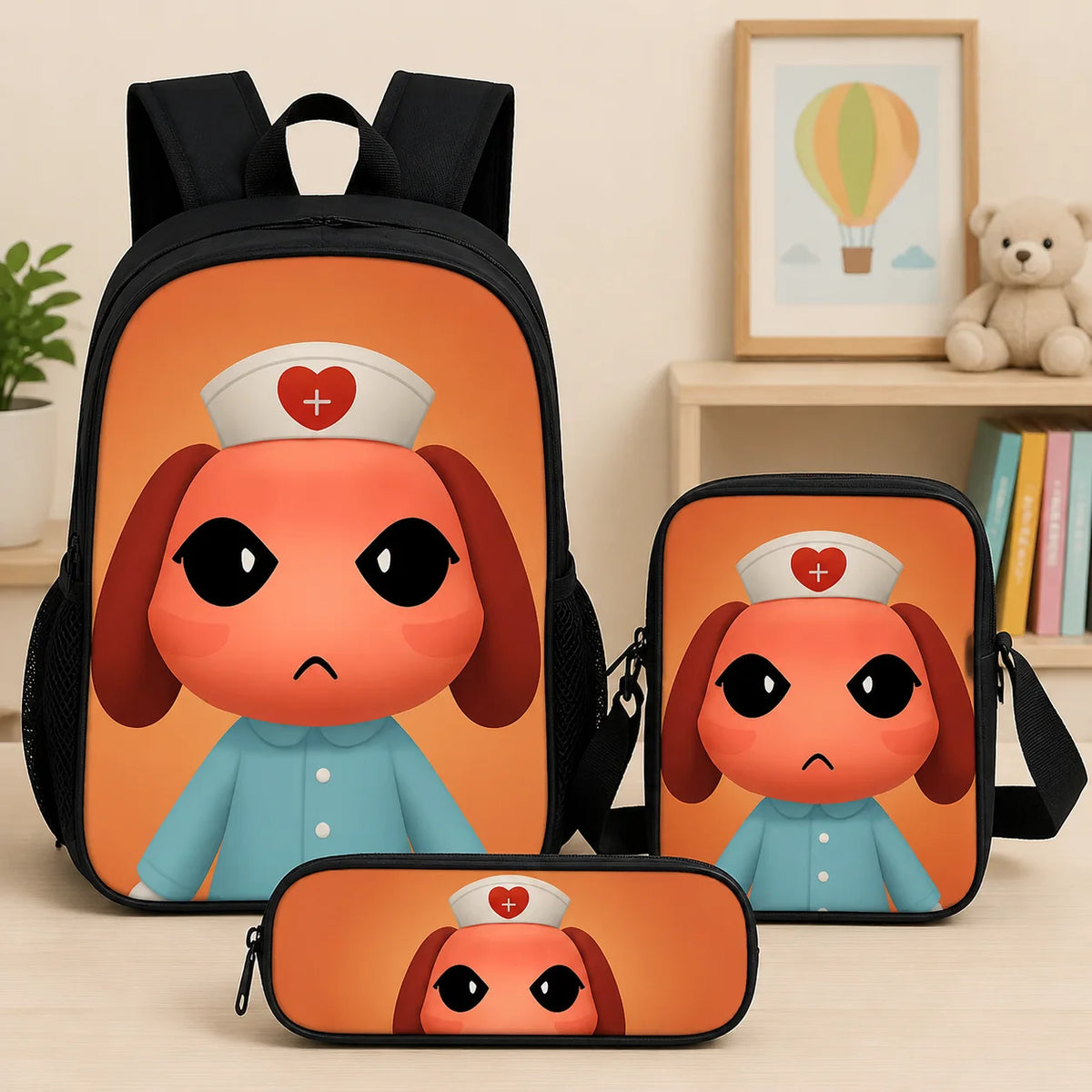 An Animal Hospital backpack set featuring a large orange backpack, a crossbody bag, and a pencil case with a cartoon elephant