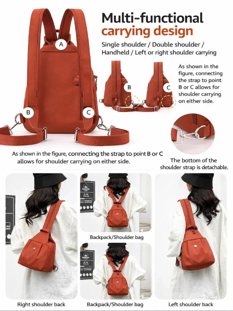 Orange multi-functional carrying design backpack shown with various shoulder and handheld configurations