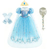 Light blue tulle princess party dress with glitter bodice and lace details, complete with a gold crown and silver hair access