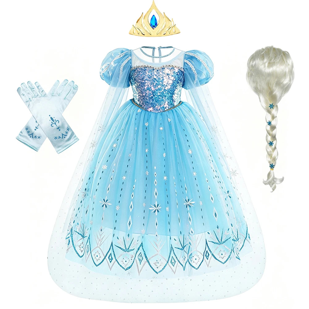 Light blue tulle princess party dress with glitter bodice and lace details, complete with a gold crown and silver hair access
