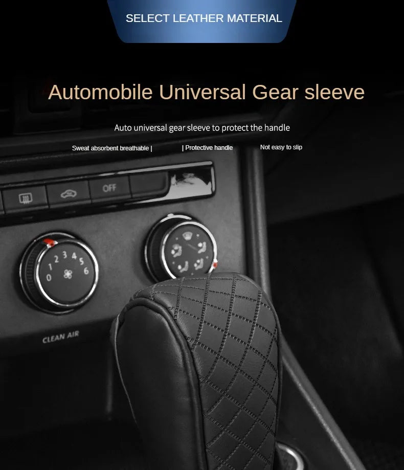 A black PU leather universal gear sleeve protecting a car handle, shown in a vehicle interior.