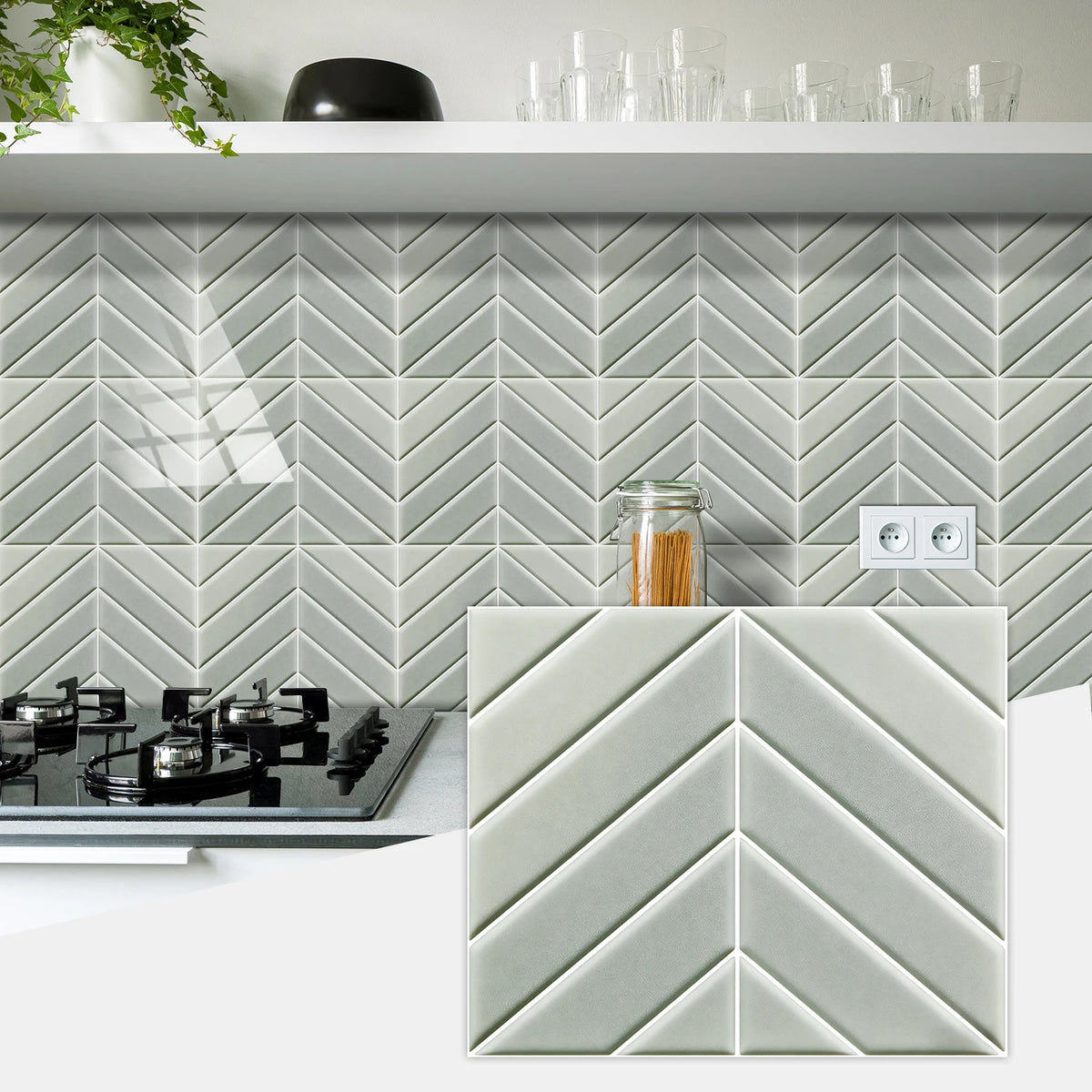 White herringbone marble peel-and-stick wall tiles installed on a kitchen backsplash.